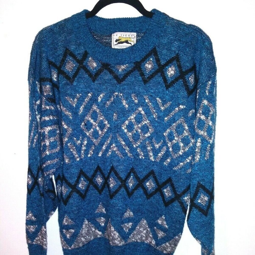 VTG Mens Sweater Aztec geometric blue Le Tigre USA